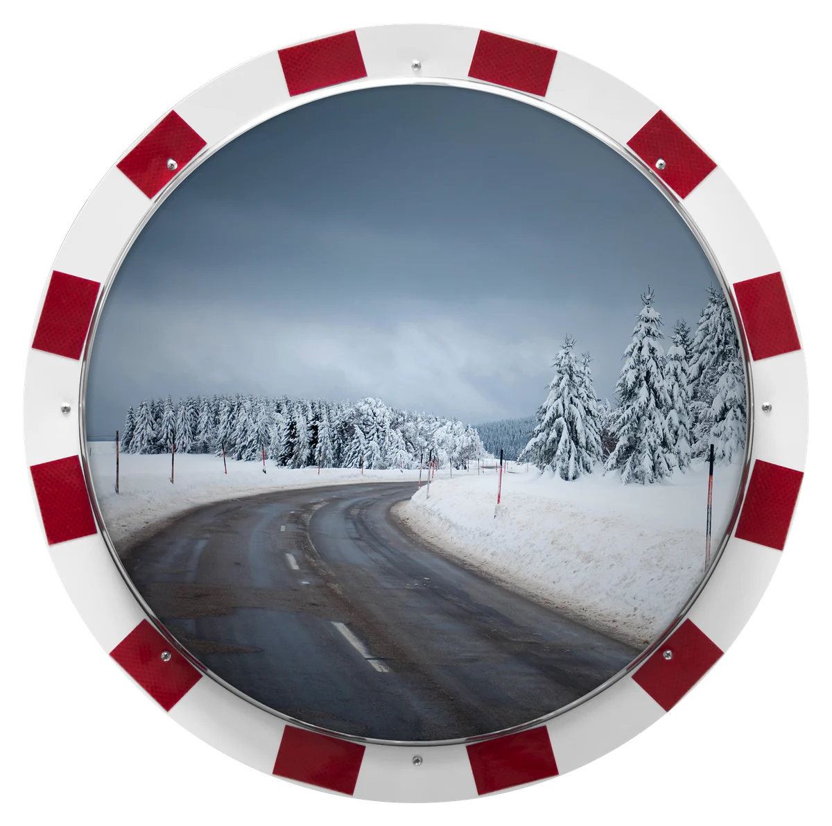 Specchio convesso circolare Anti Freeze tondo Ø600 mm con cornice bianca e rossa, riflesso illustrativo.